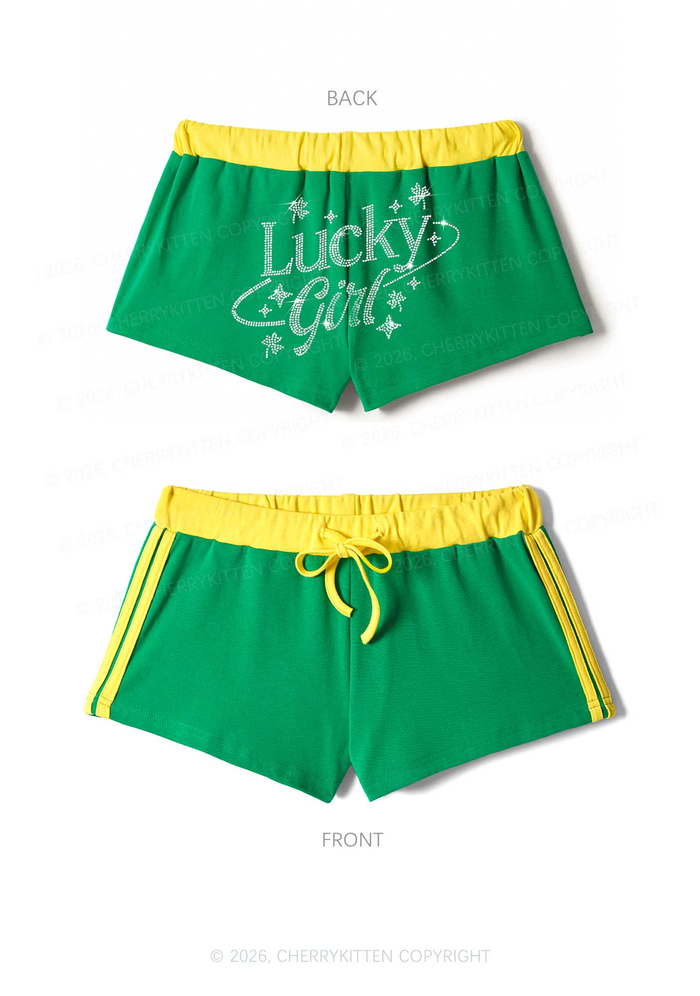 Rhinestone Lucky Girl St Patricks Y2K Drawstring Mini Shorts Cherrykitten