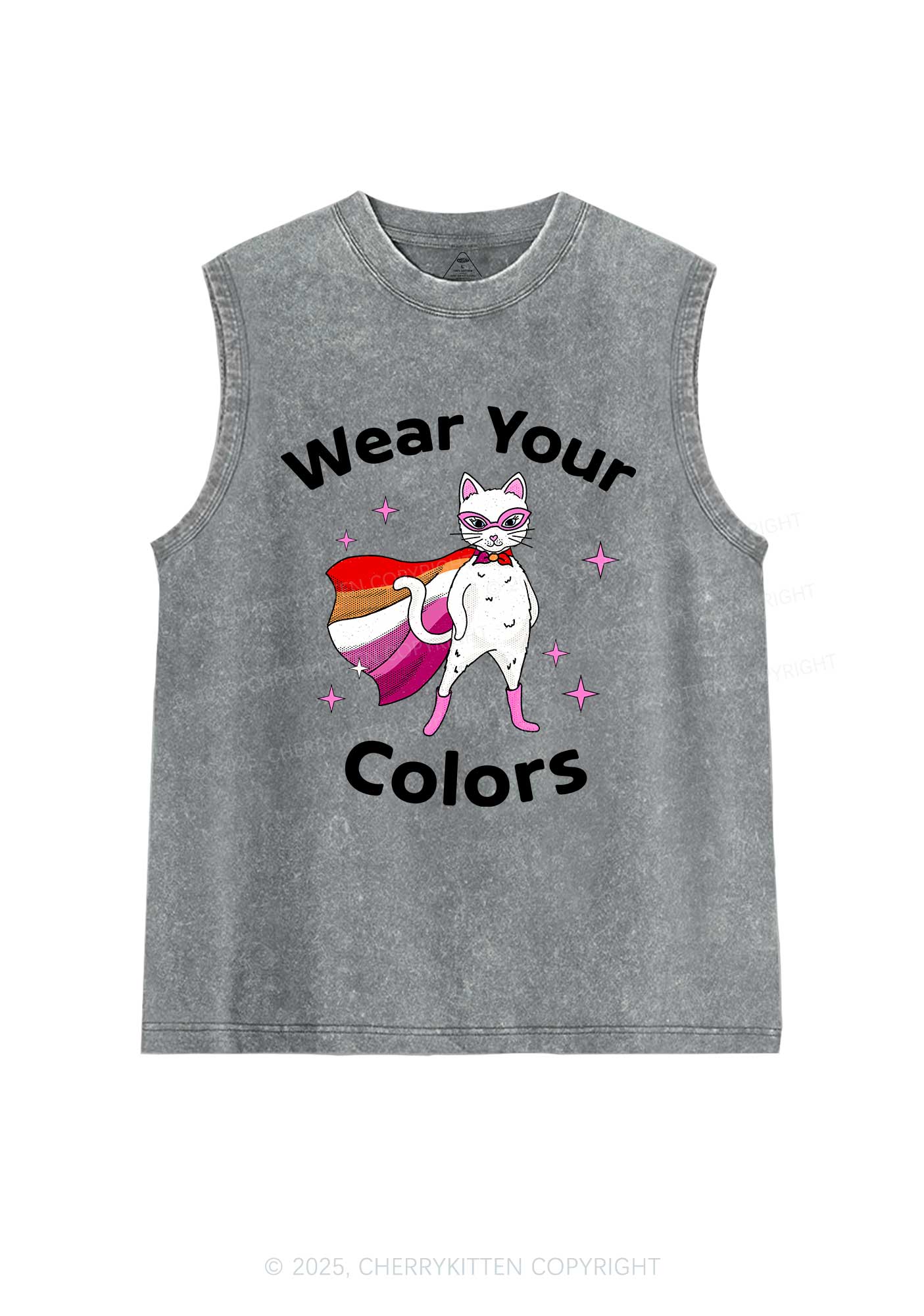 Lesbian Flag Cat Pride Y2K Washed Muscle Tank Cherrykitten