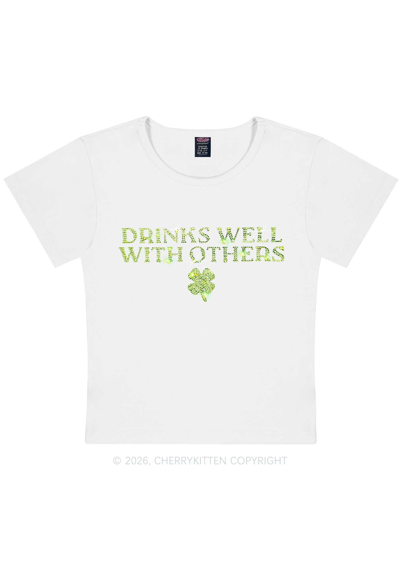 Rhinestone Drinks Well With Others St Patricks Y2K Baby Tee Cherrykitten