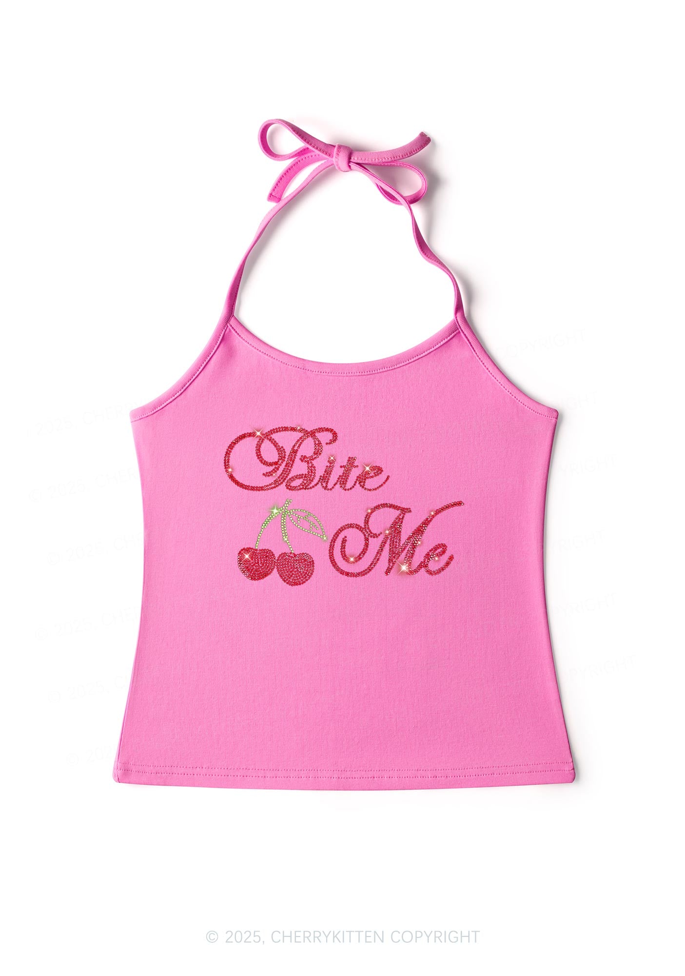 Rhinestone Red Cherry Bite Me Y2K Halter Neck Cami Cherrykitten