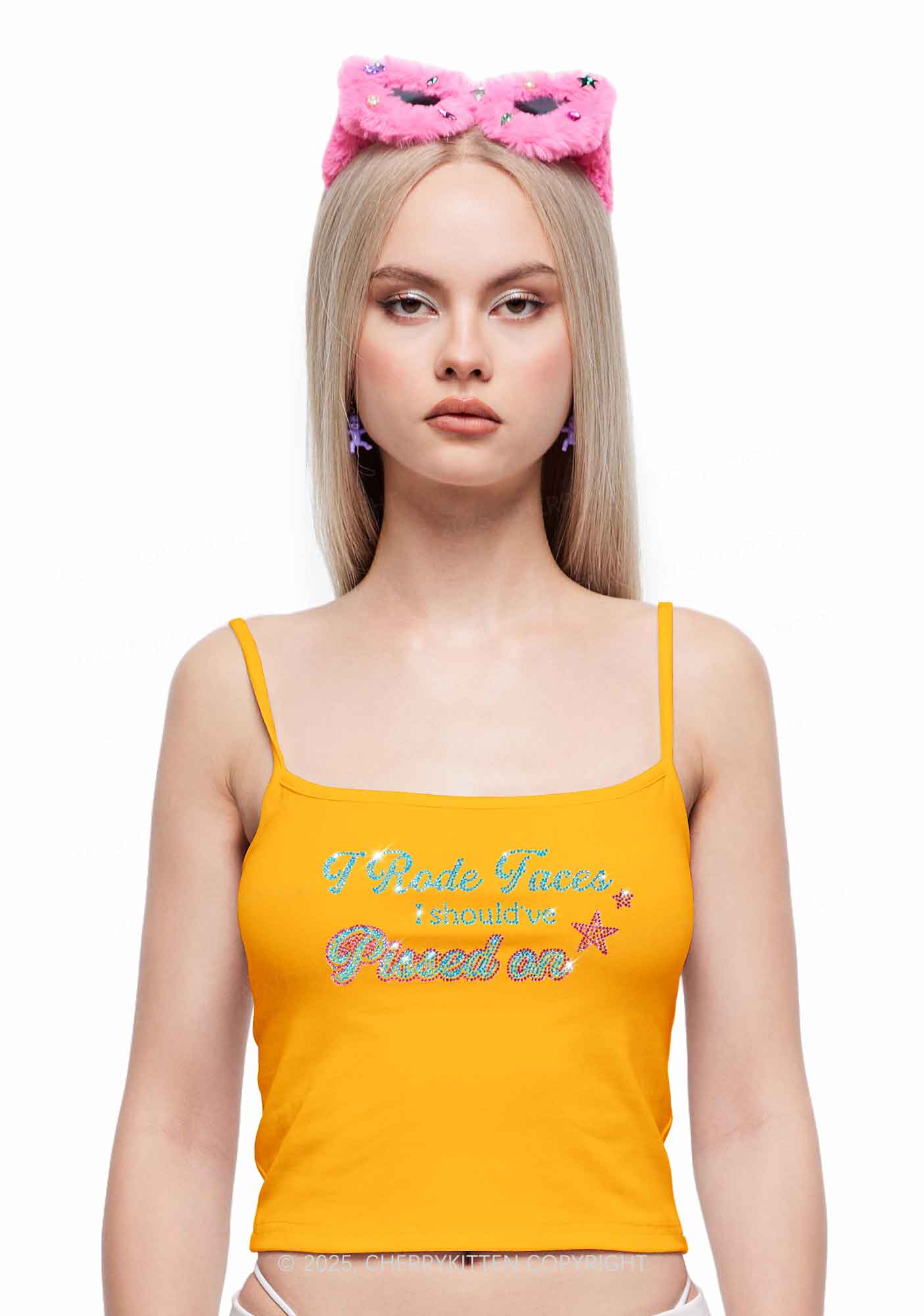 Rhinestone I Rode Faces Y2K Spaghetti Strap Cami Cherrykitten