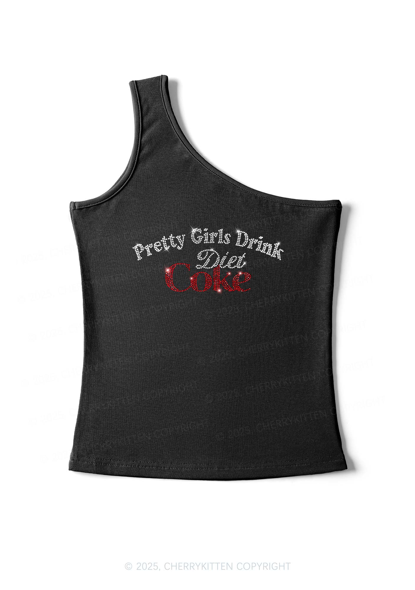 Rhinestone Pretty Girls Drink Diet Coke Y2K One Shoulder Tank Top Cherrykitten