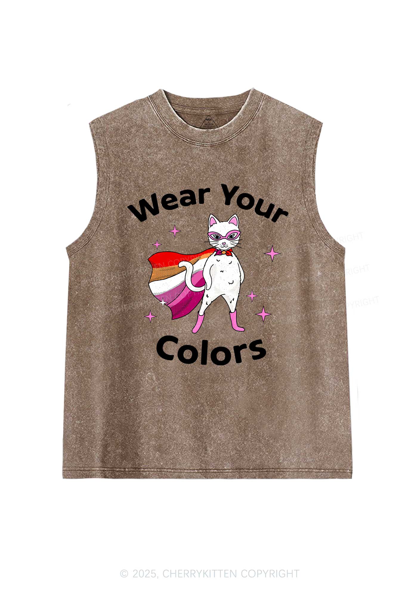 Lesbian Flag Cat Pride Y2K Washed Muscle Tank Cherrykitten