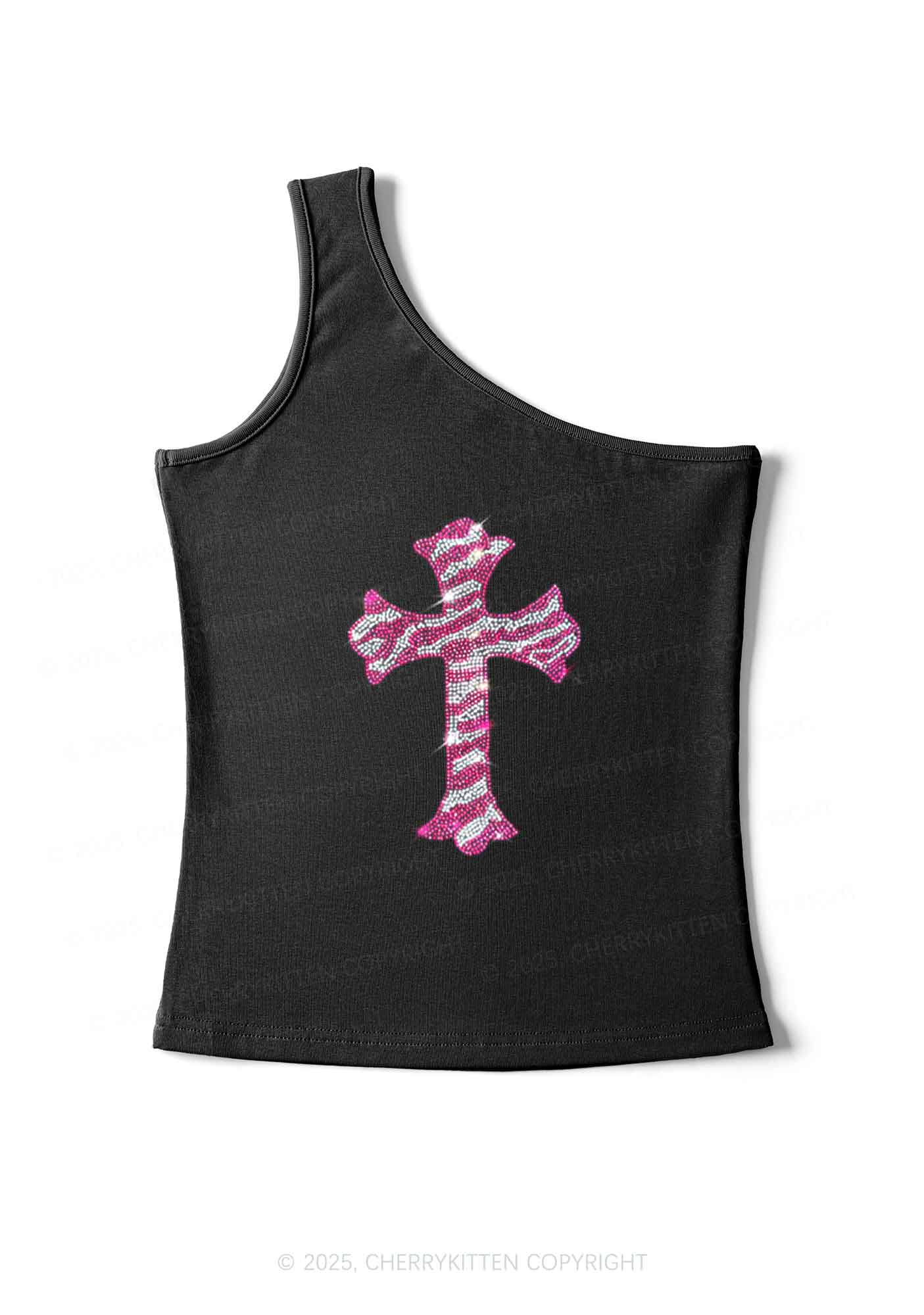 Rhinestone Pink Cross Y2K One Shoulder Tank Top Cherrykitten