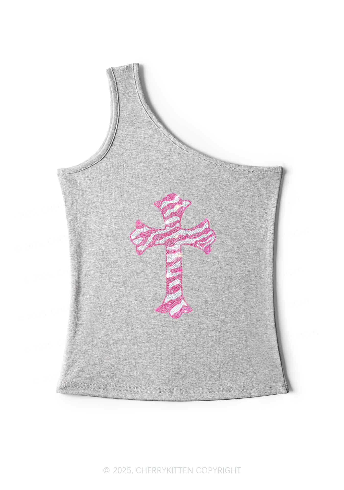 Rhinestone Pink Cross Y2K One Shoulder Tank Top Cherrykitten