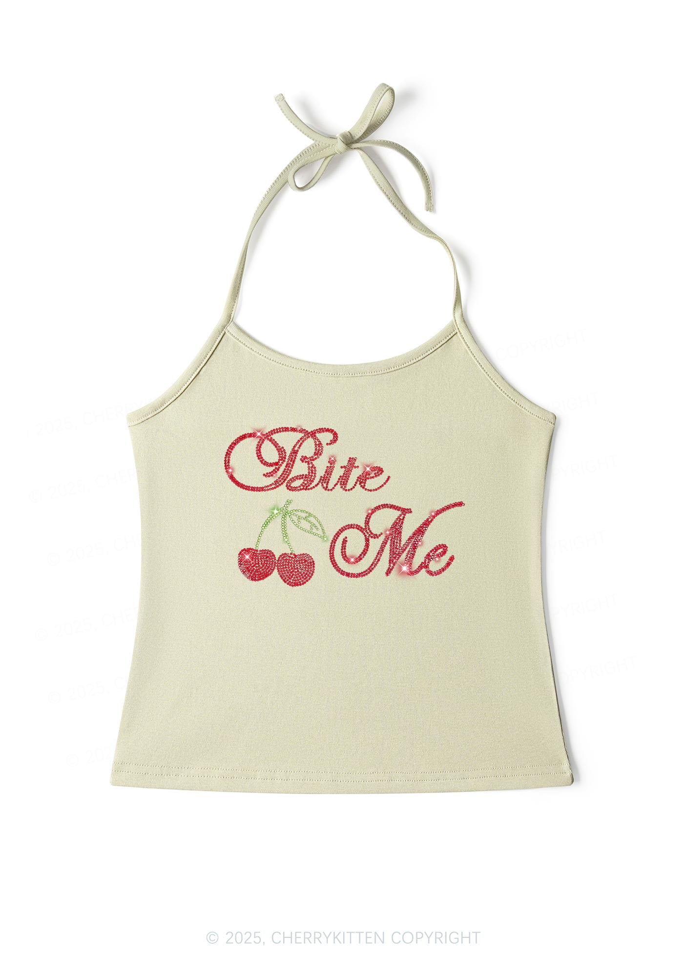 Rhinestone Red Cherry Bite Me Y2K Halter Neck Cami Cherrykitten