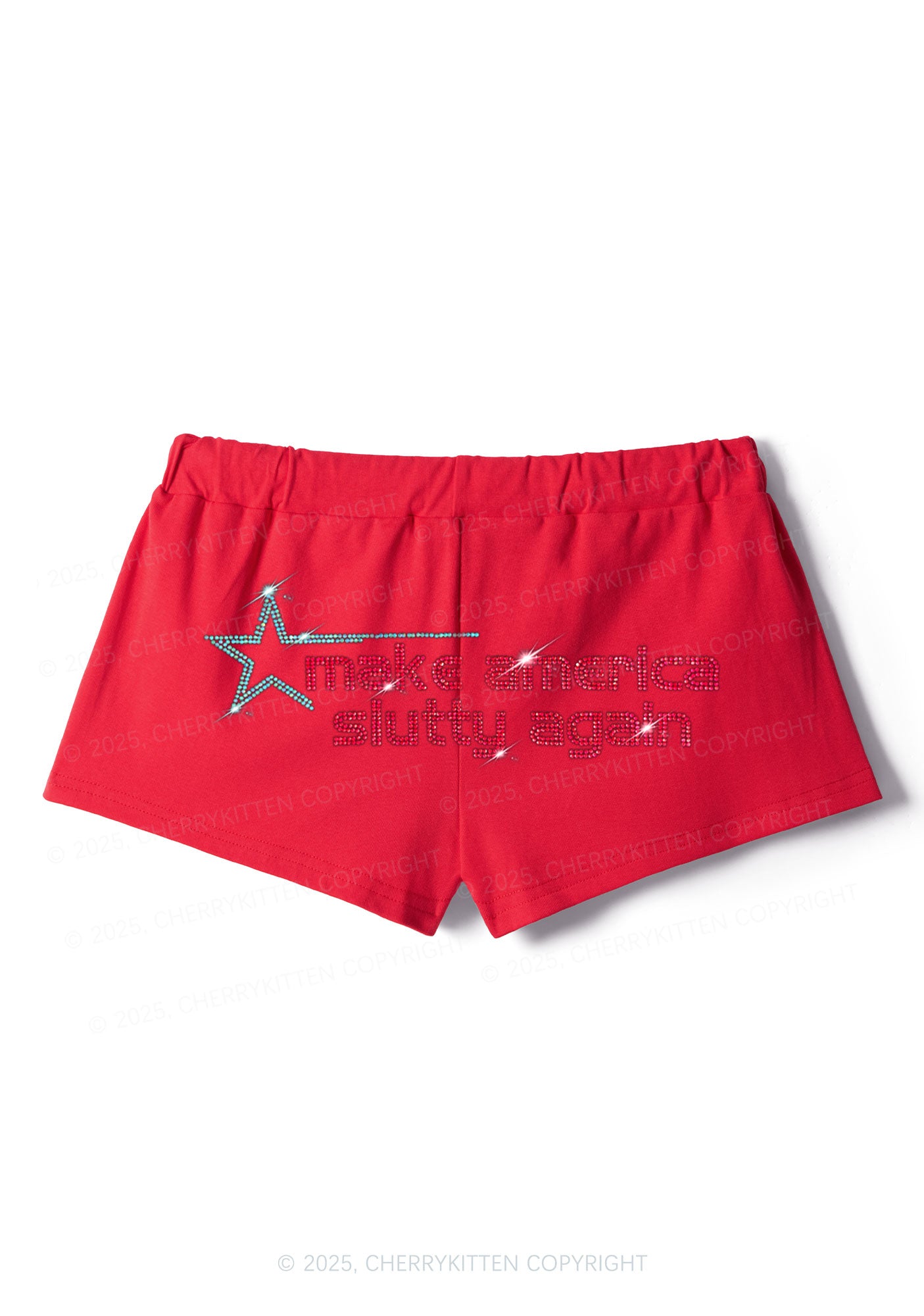 Rhinestone Make America Slxtty Again Y2K Drawstring Mini Shorts Cherrykitten