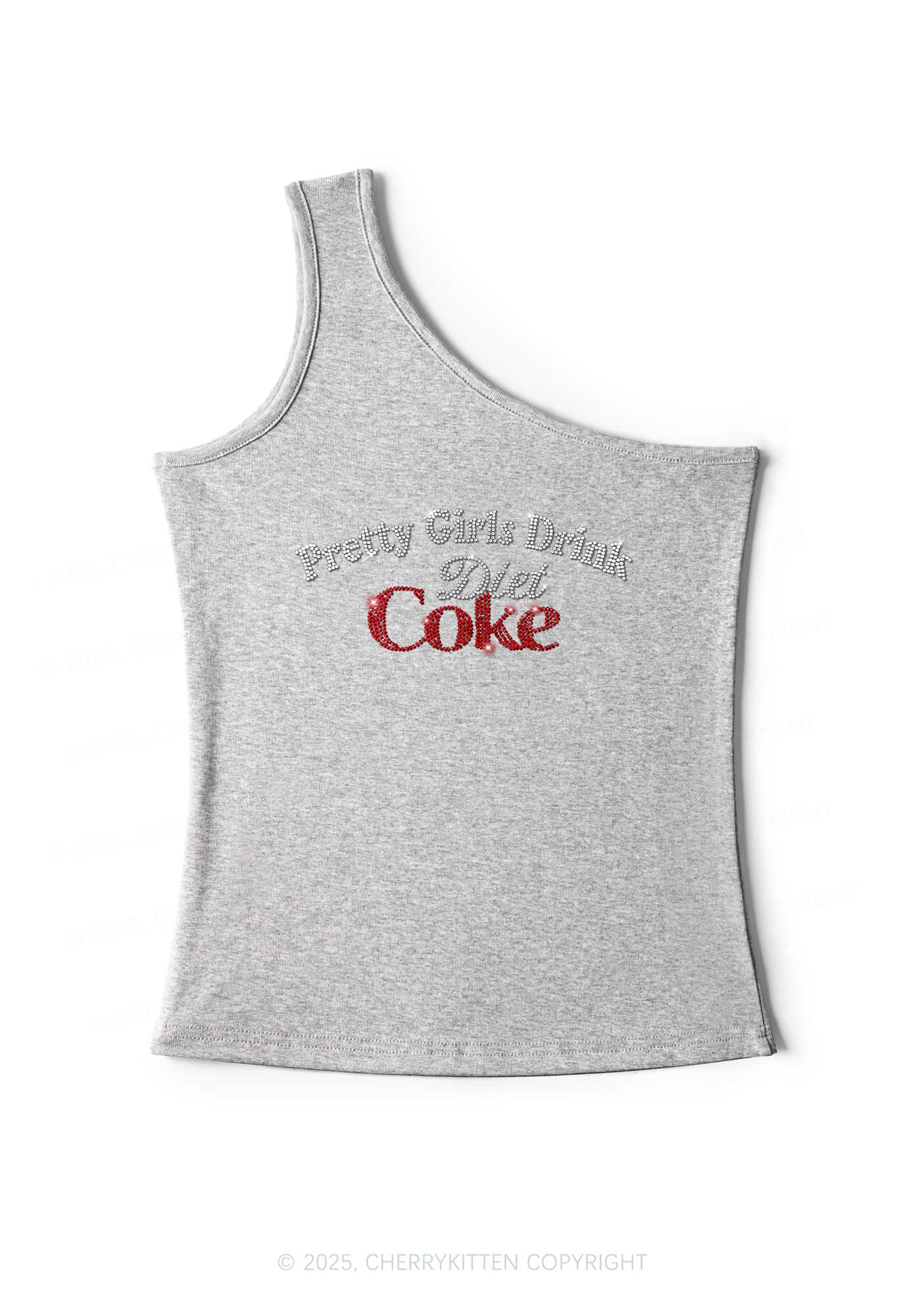 Rhinestone Pretty Girls Drink Diet Coke Y2K One Shoulder Tank Top Cherrykitten