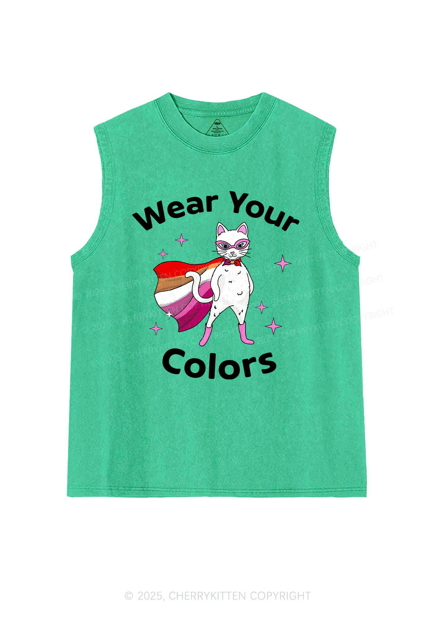 Lesbian Flag Cat Pride Y2K Washed Muscle Tank Cherrykitten