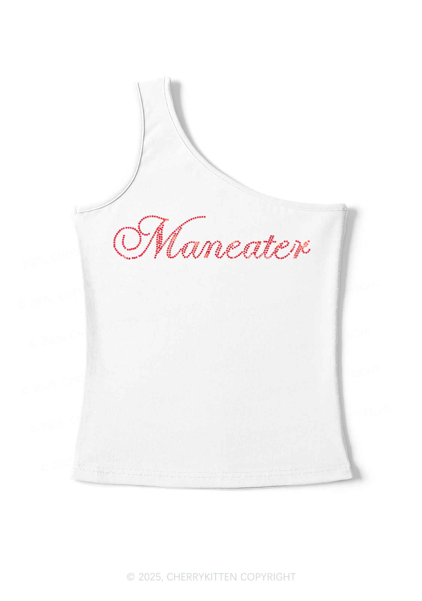 Rhinestone Maneater Y2K One Shoulder Tank Top Cherrykitten