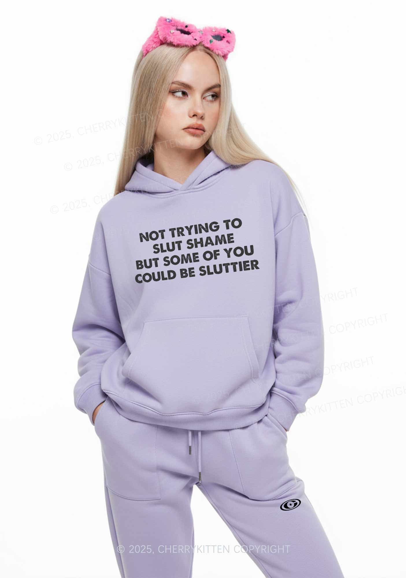 Not Trying To Slxt Shame Y2K Fleece Hoodie Set Cherrykitten