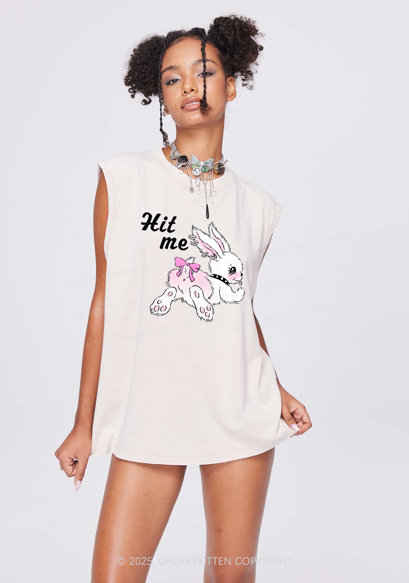 Hit Me White Bunny Y2K Washed Muscle Tank Cherrykitten