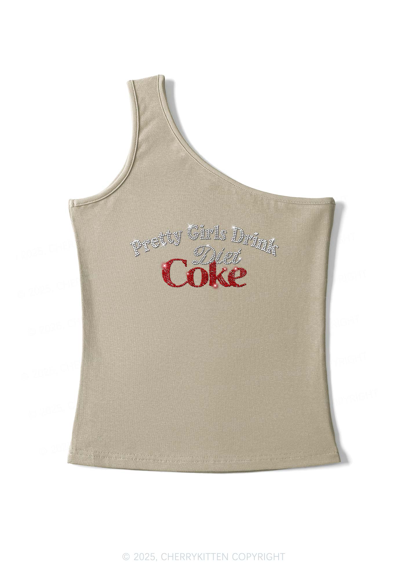 Rhinestone Pretty Girls Drink Diet Coke Y2K One Shoulder Tank Top Cherrykitten