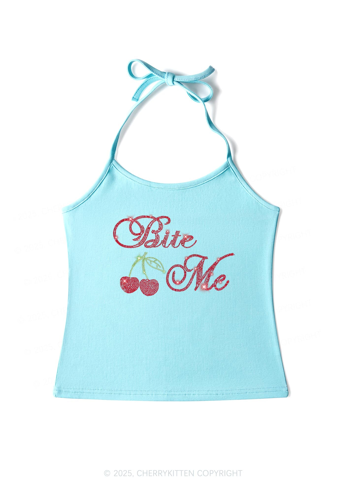 Rhinestone Red Cherry Bite Me Y2K Halter Neck Cami Cherrykitten