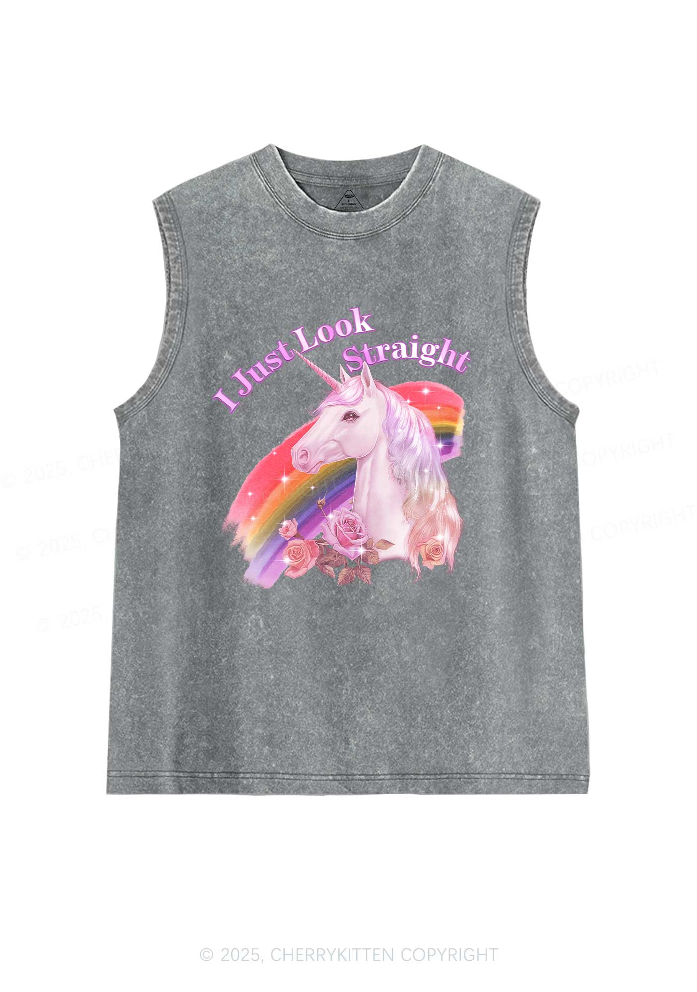 Look Straight Unicorn Pride Y2K Washed Muscle Tank Cherrykitten