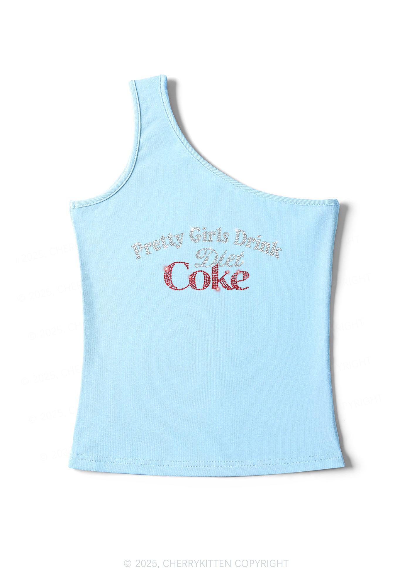 Rhinestone Pretty Girls Drink Diet Coke Y2K One Shoulder Tank Top Cherrykitten