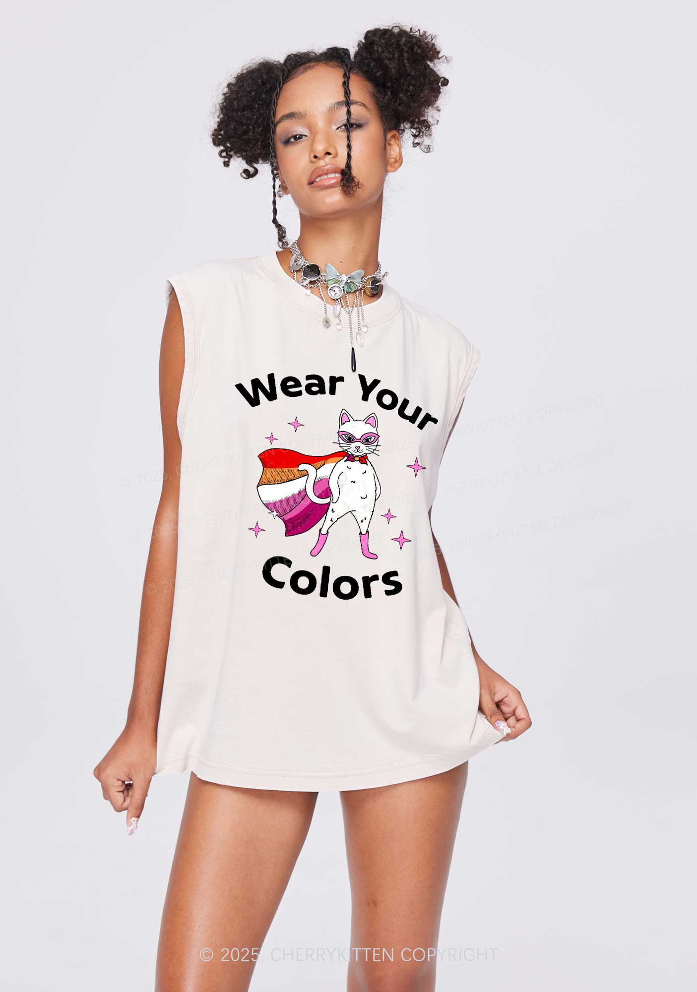 Lesbian Flag Cat Pride Y2K Washed Muscle Tank Cherrykitten
