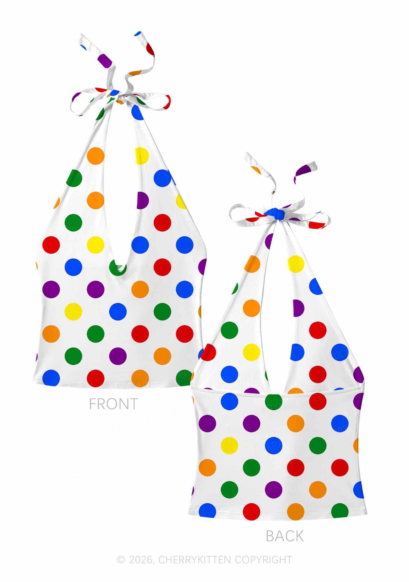 Rainbow Dots On White Pride Y2K Print Halter Deep V Neck Cami Cherrykitten