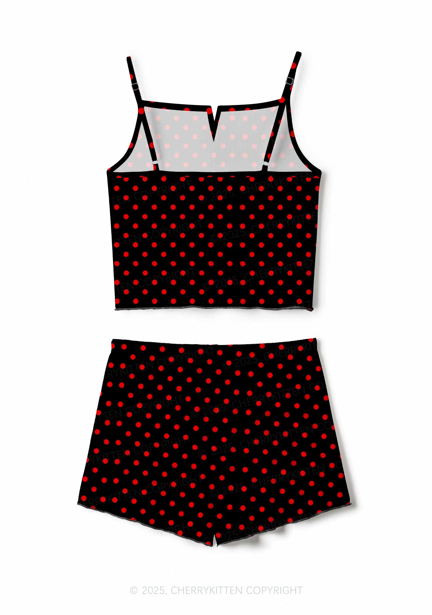 Red Dots On Black Valentine's Day Y2K Print Cami Shorts Pajama Set Cherrykitten