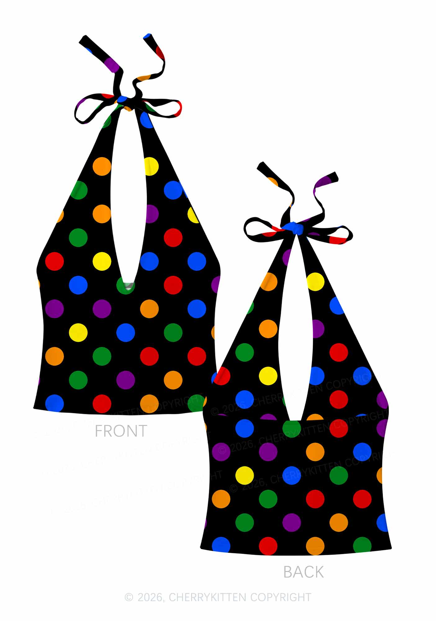 Rainbow Dots On Black Pride Y2K Print Halter Deep V Neck Cami Cherrykitten