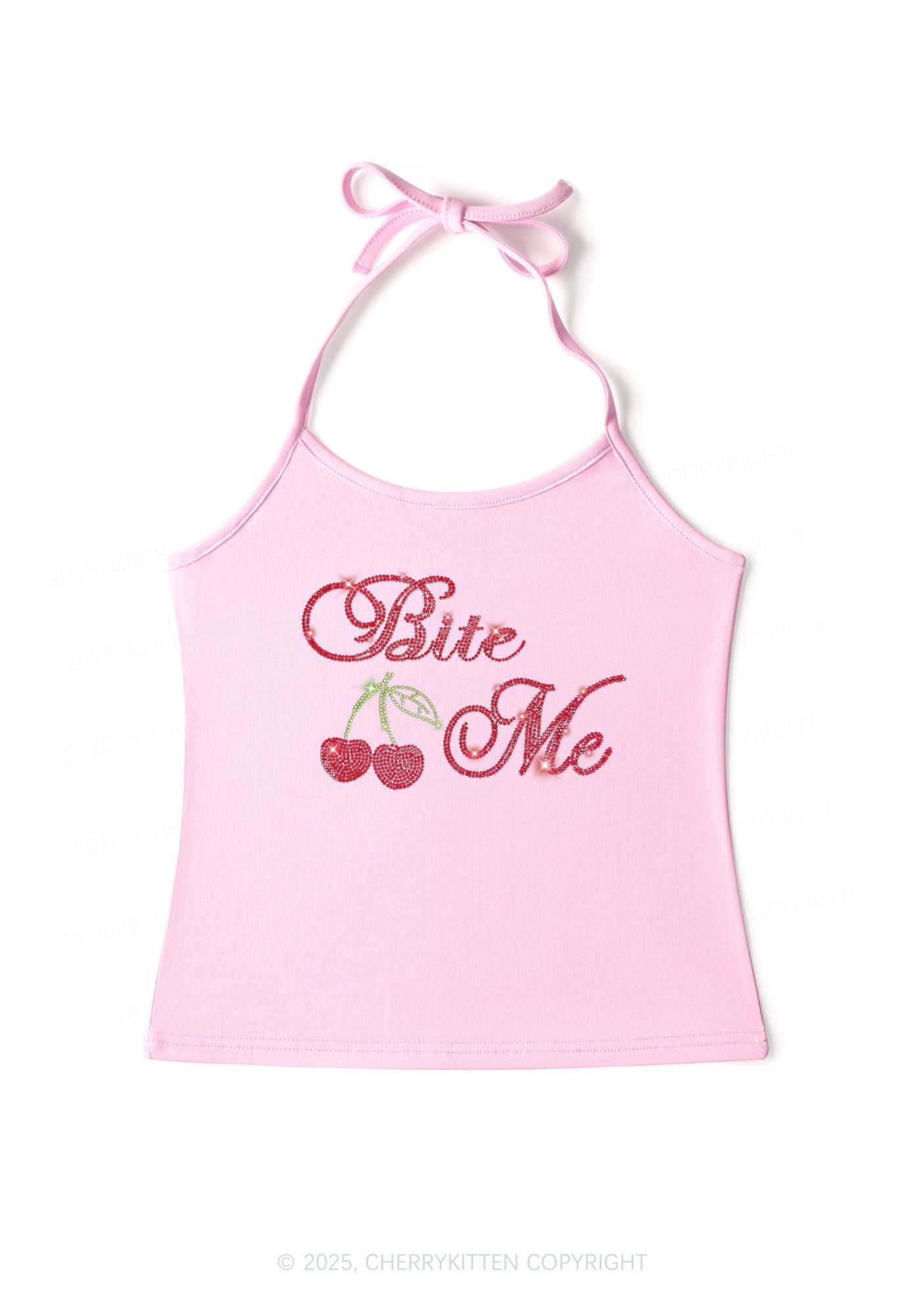 Rhinestone Red Cherry Bite Me Y2K Halter Neck Cami Cherrykitten