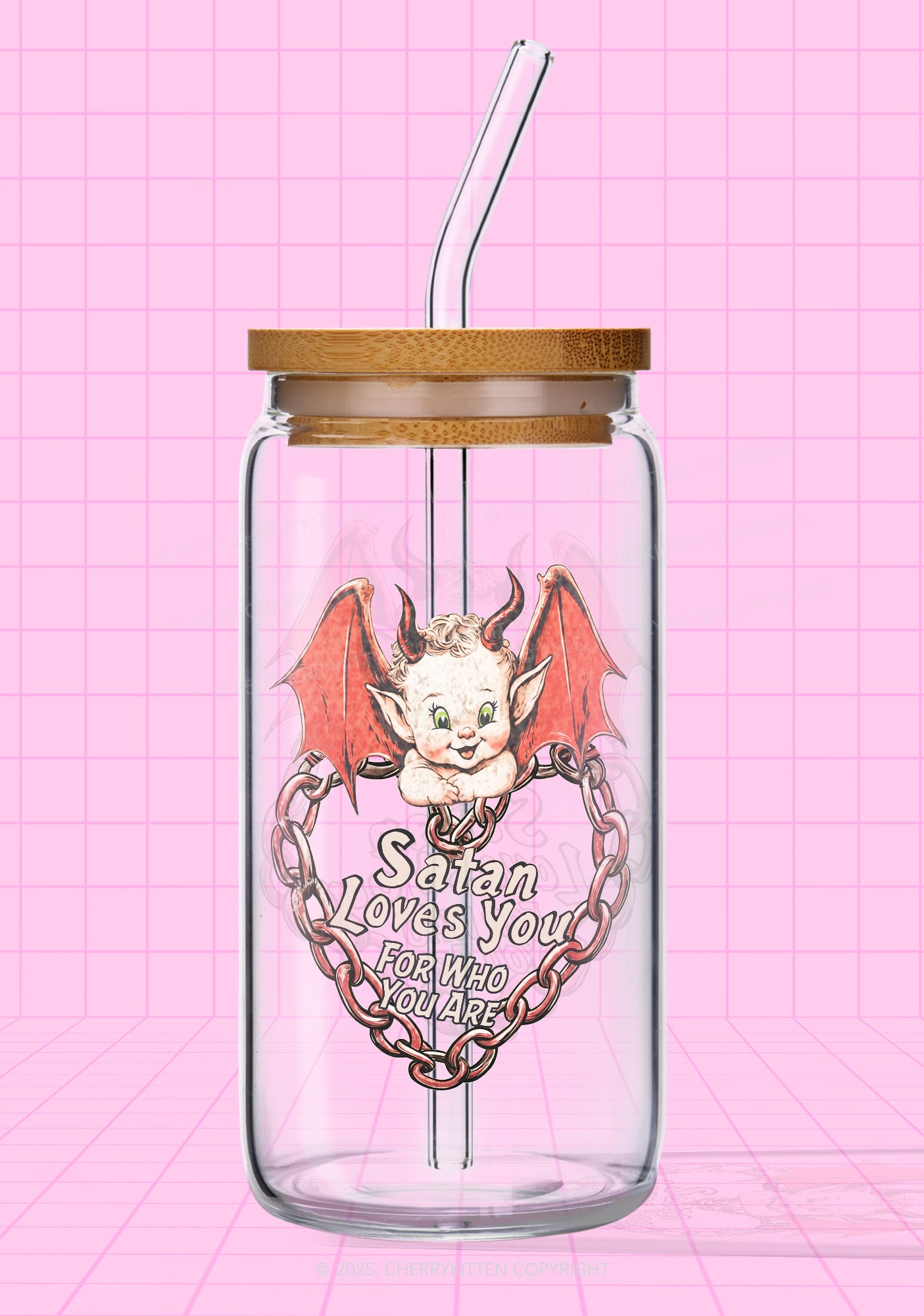 Satan Loves You Y2K Printed Glass Cup Cherrykitten