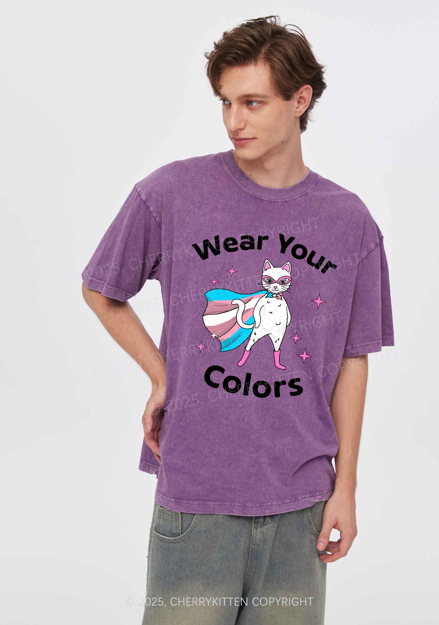 Transgender Flag Cat Pride Y2K Shirts Washed Tee Cherrykitten