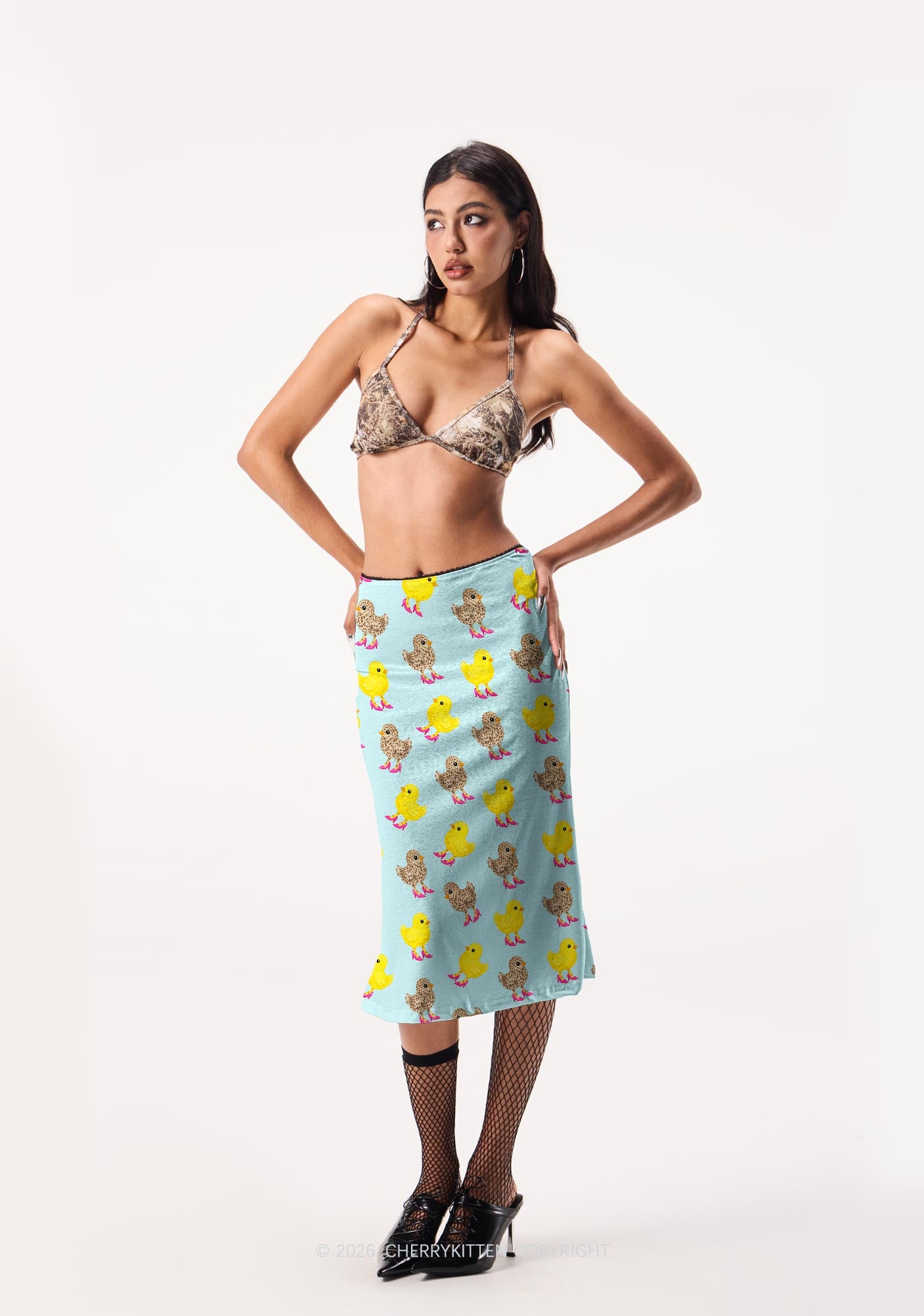 Chicks In Pink High Heels Y2K Print Midi Skirt Cherrykitten