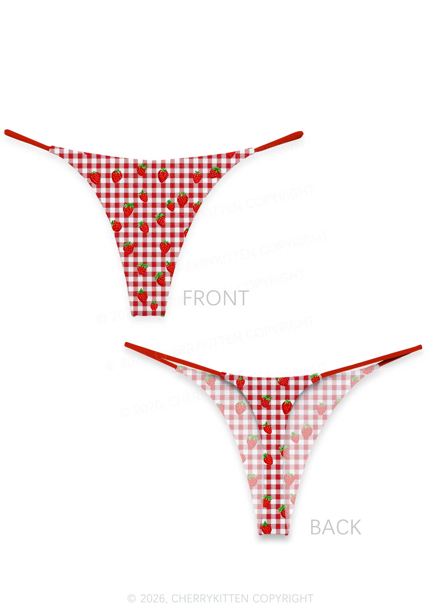 Red White Plaid Strawberry Y2K Print Bikini String Thong Cherrykitten