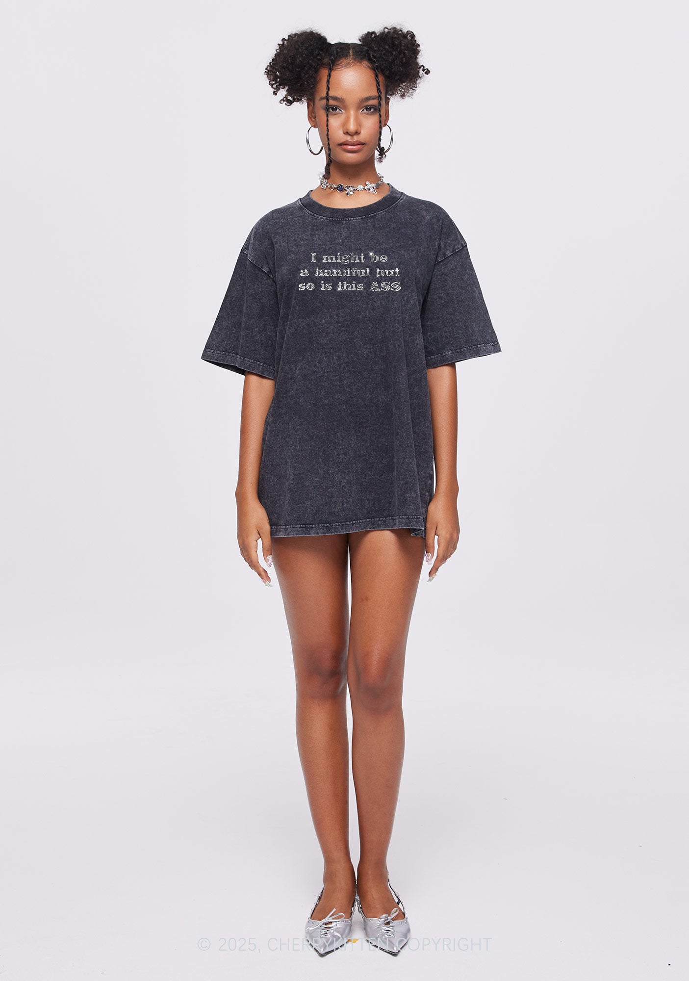 Rhinestone I Might Be Handful Y2K Shirts Washed Tee Cherrykitten
