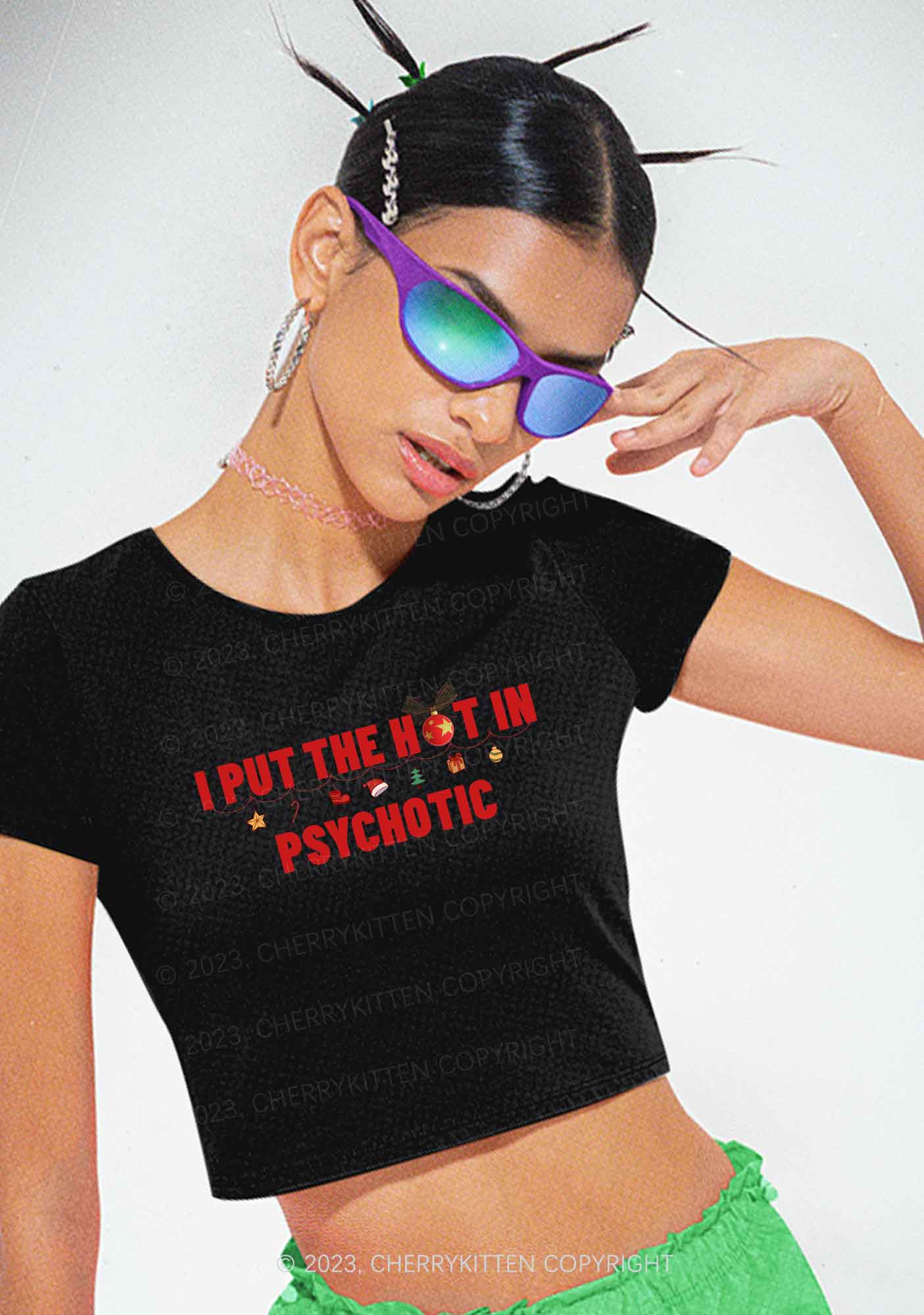 I Put The Hot In Psychotic Christmas Y2K Baby Tee Cherrykitten