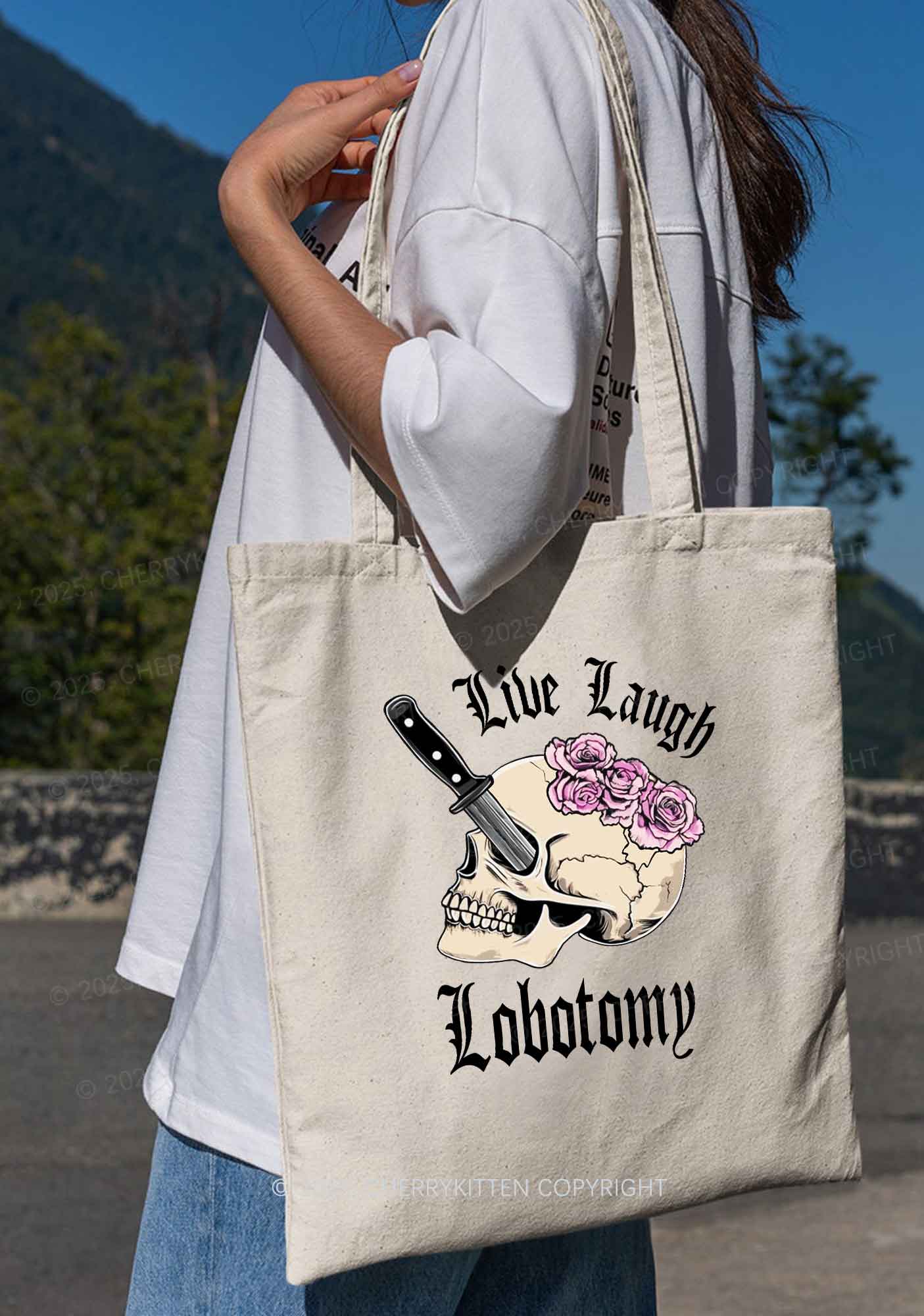 Live Laugh Lobotomy Skull Y2K Canvas Tote Bag Cherrykitten
