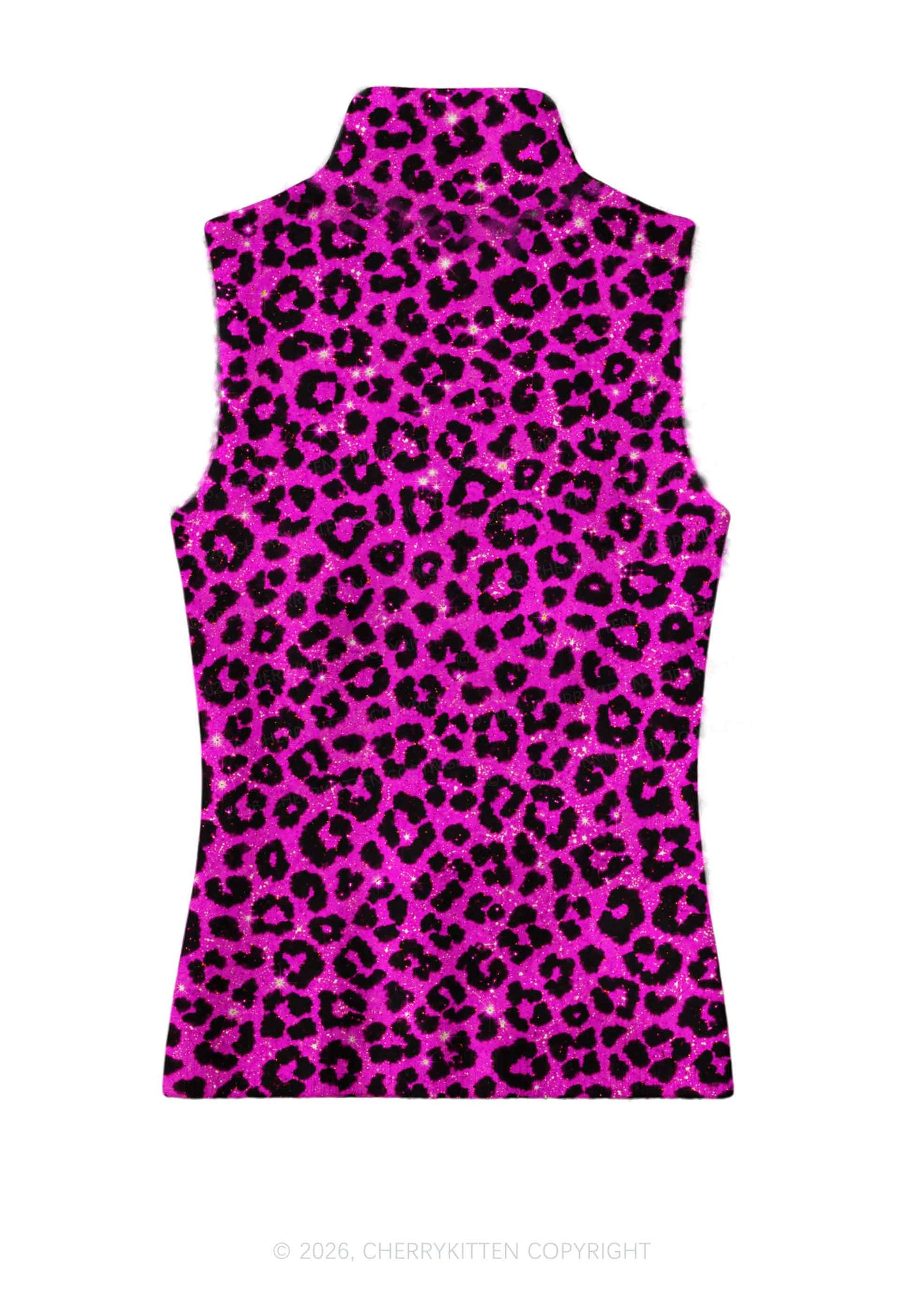 Hot Pink Leopard Y2K Knit Turtleneck Tank Top Cherrykitten
