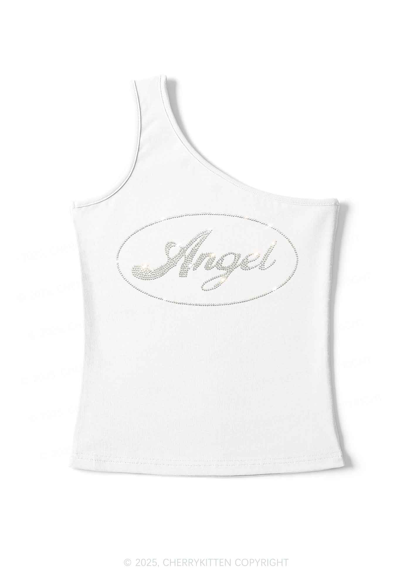 Rhinestone Angel Y2K One Shoulder Tank Top Cherrykitten