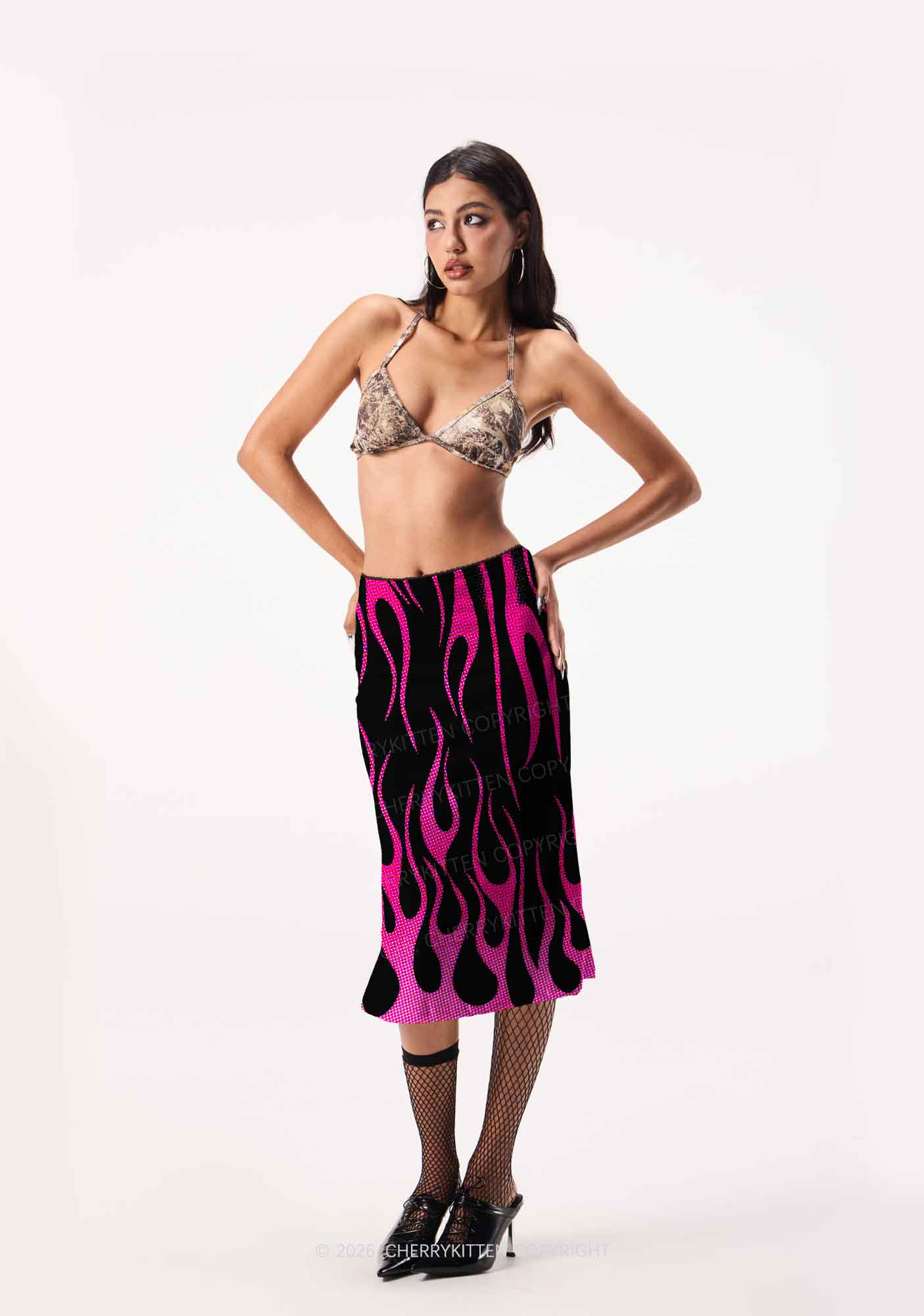 Hot Pink Flame Y2K Print Midi Skirt Cherrykitten
