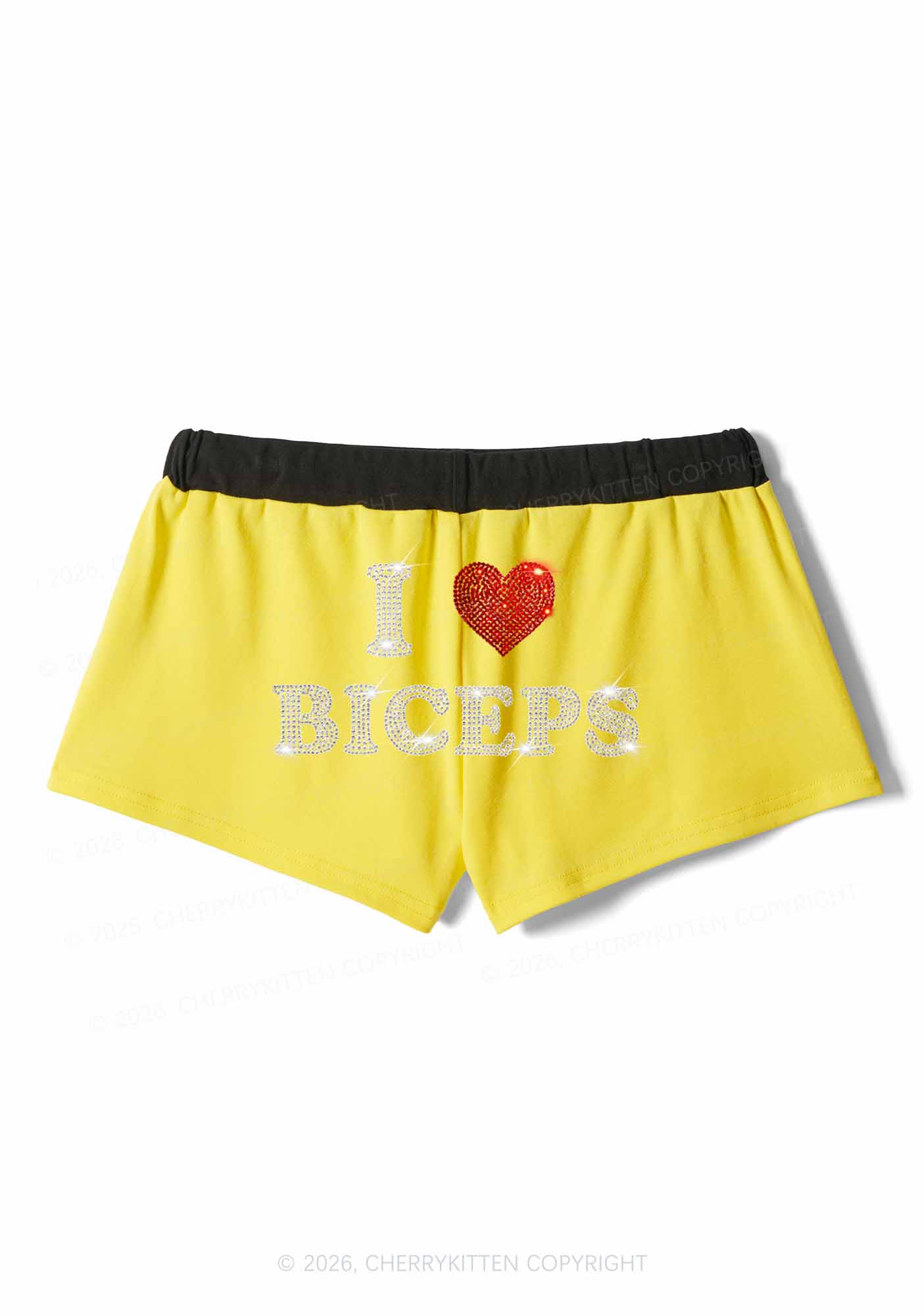 Rhinestone I Love Biceps Y2K Drawstring Mini Shorts Cherrykitten