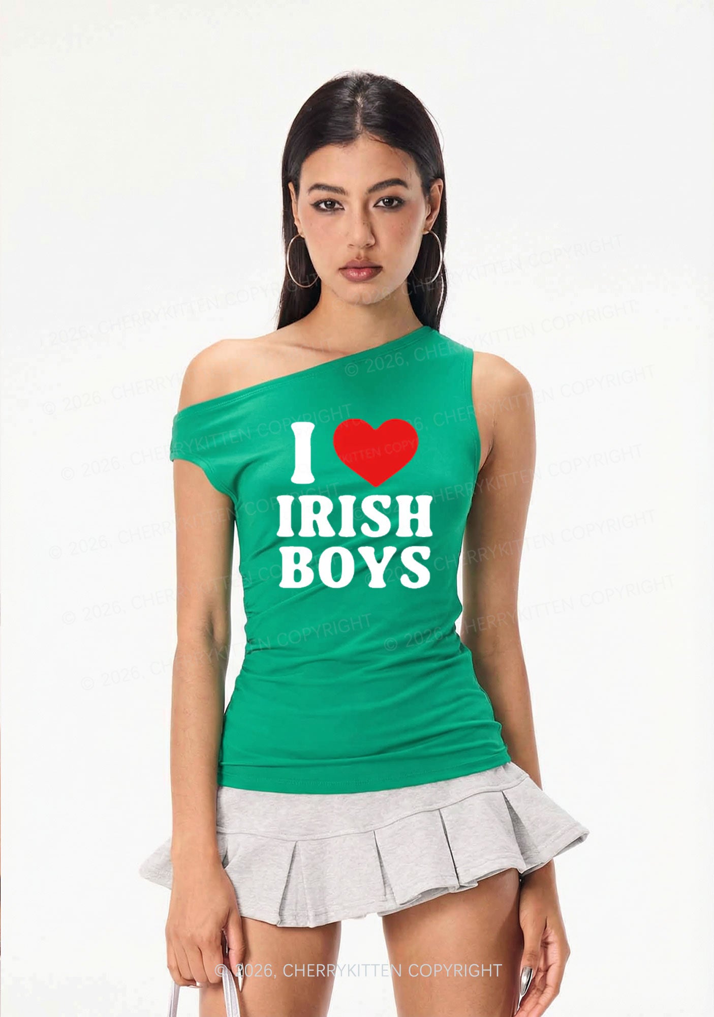 I Love Irish Boys St Patricks Y2K Off Shoulder Tank Top Cherrykitten