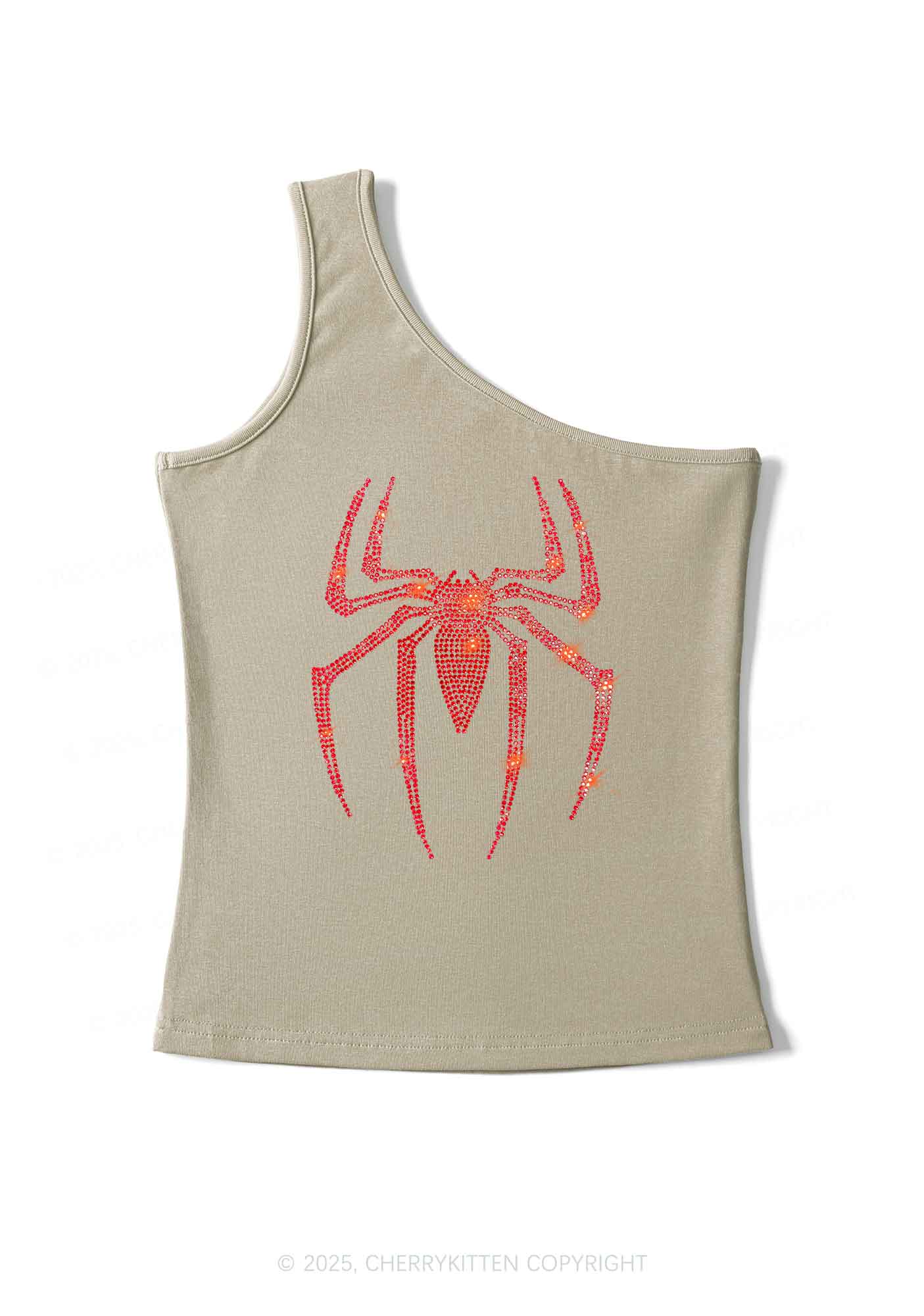 Rhinestone Red Spider Y2K One Shoulder Tank Top Cherrykitten