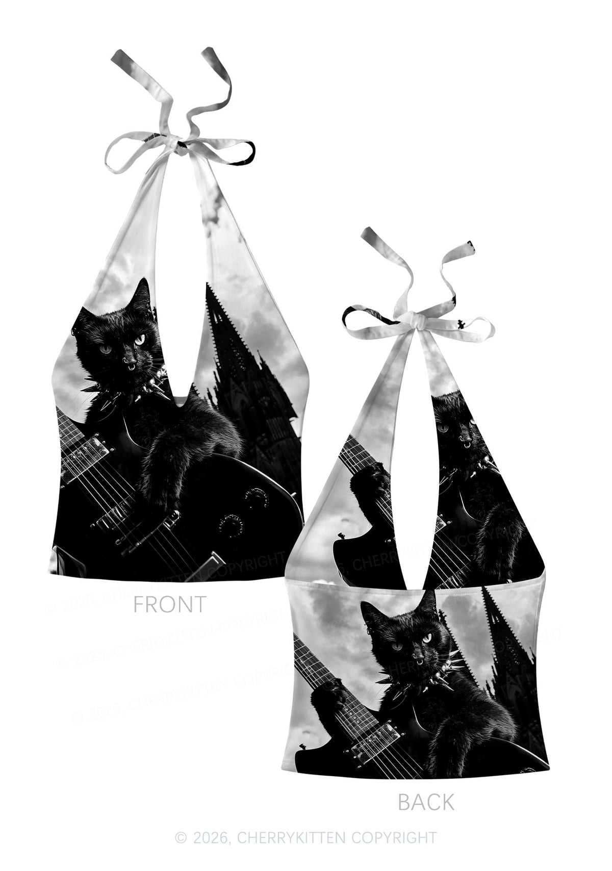 Halloween Guitar Black Cat Y2K Print Halter Deep V Neck Cami Cherrykitten