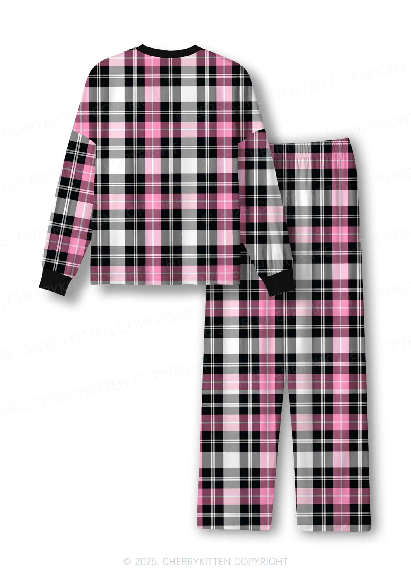 Pink And White Plaid Y2K Print Long Sleeve Pajama Set Cherrykitten