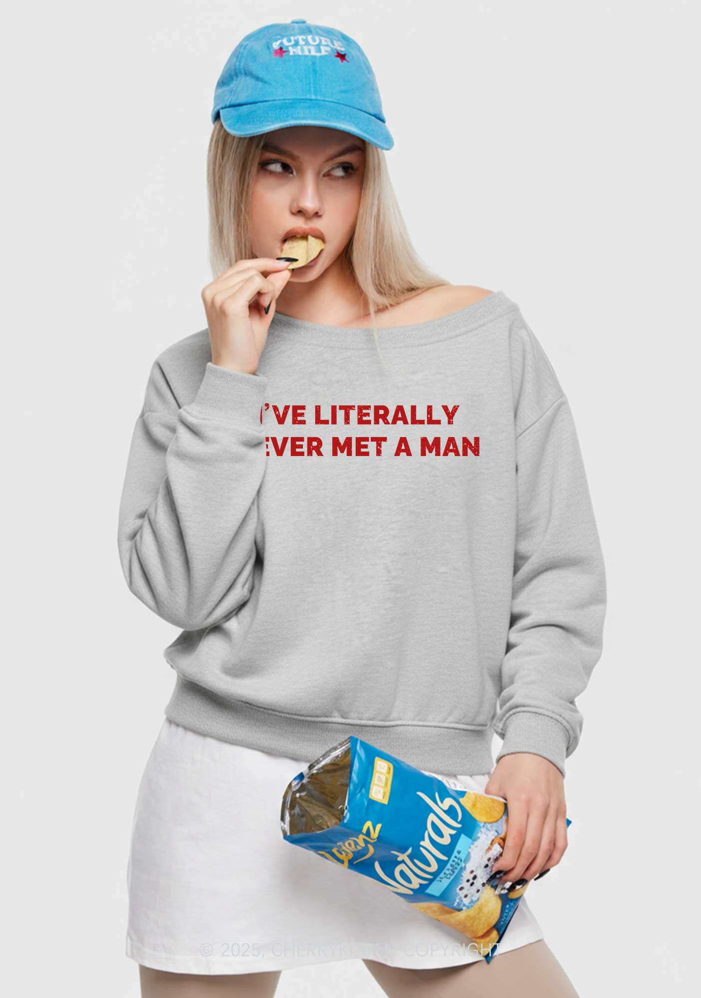 Never Met A Man Y2K Off Shoulder Sweatshirts Cherrykitten