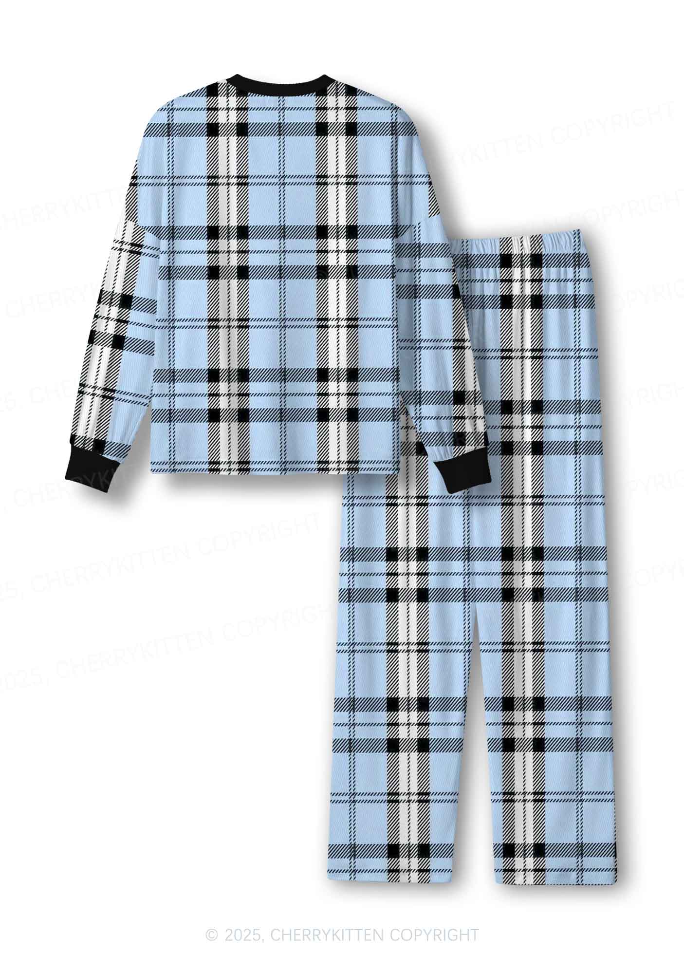 Light Blue Plaid Y2K Print Long Sleeve Pajama Set Cherrykitten