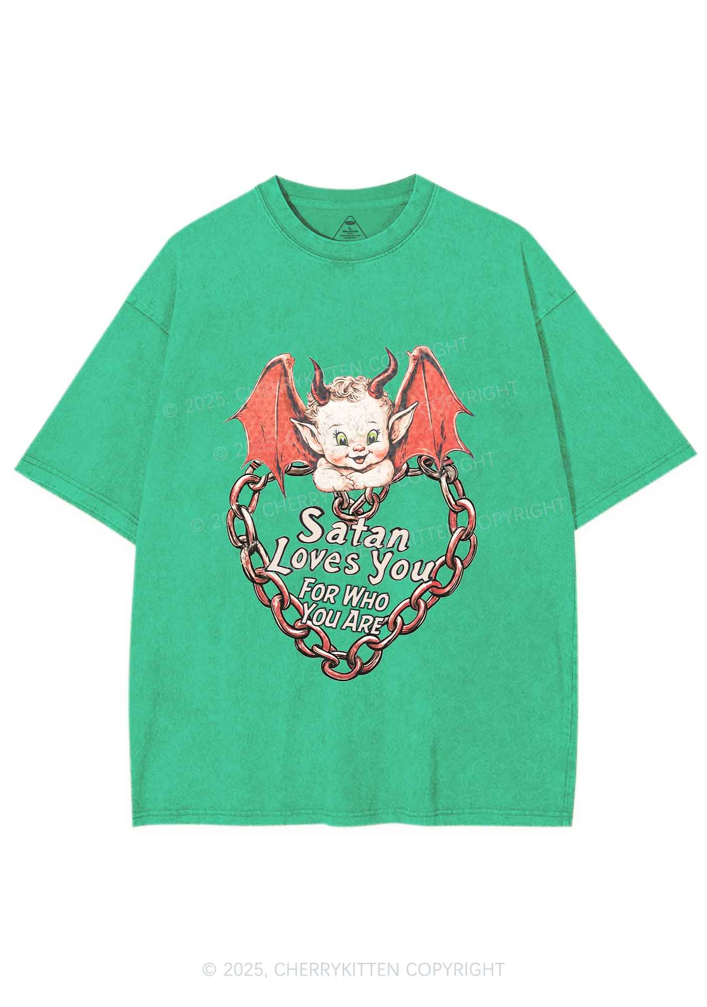 Satan Loves You Y2K Shirts Washed Tee Cherrykitten