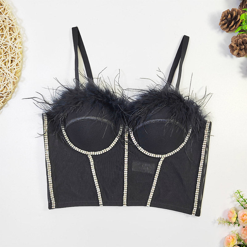 Rhinestone Feather Corset Y2K Hot Girl Tube Top Cherrykitten