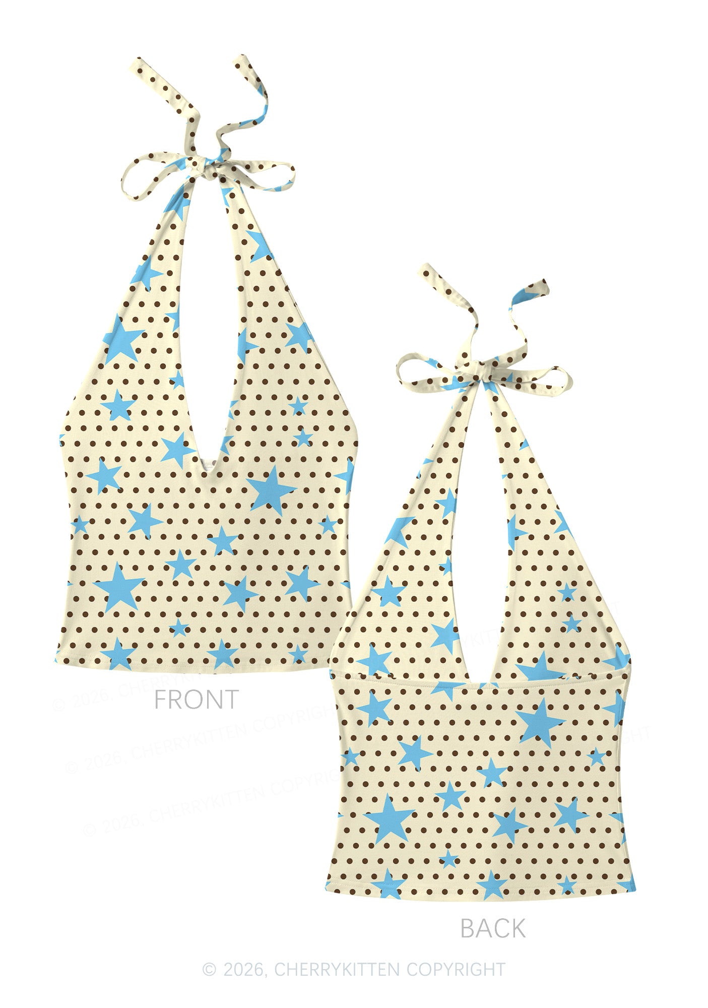 Dots With Blue Star Y2K Print Halter Deep V Neck Cami Cherrykitten