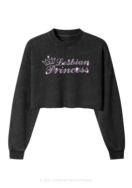 Rhinestone Lesbian Princess Pride Y2K Crop Washed Sweatshirts Cherrykitten