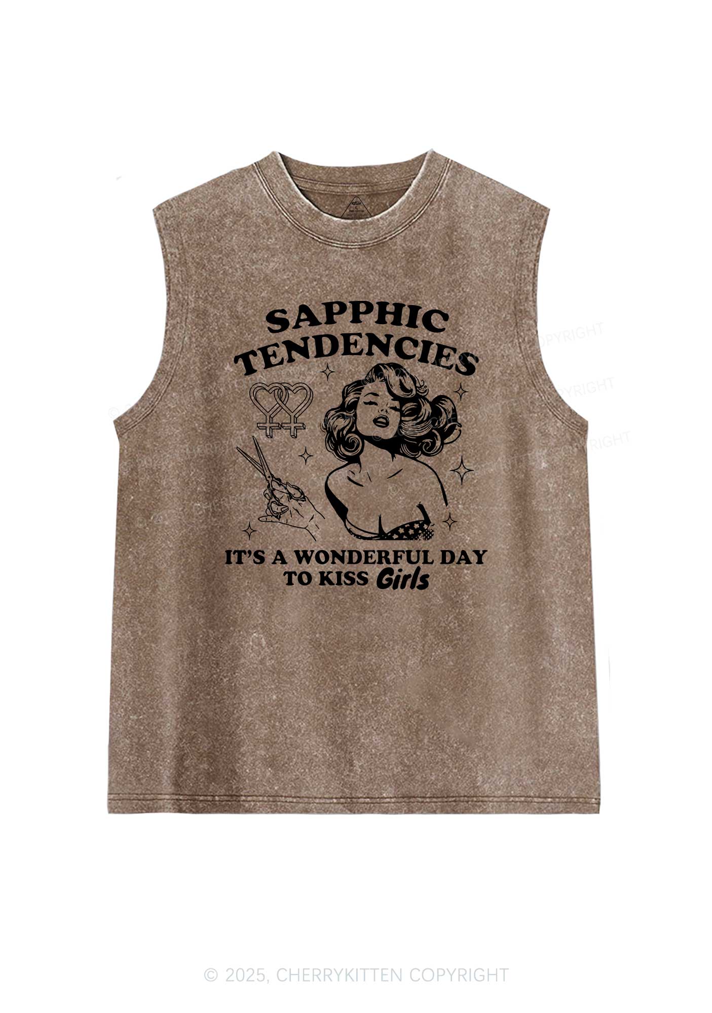 Sapphic Tendencies Kiss Girls Pride Y2K Washed Muscle Tank Cherrykitten