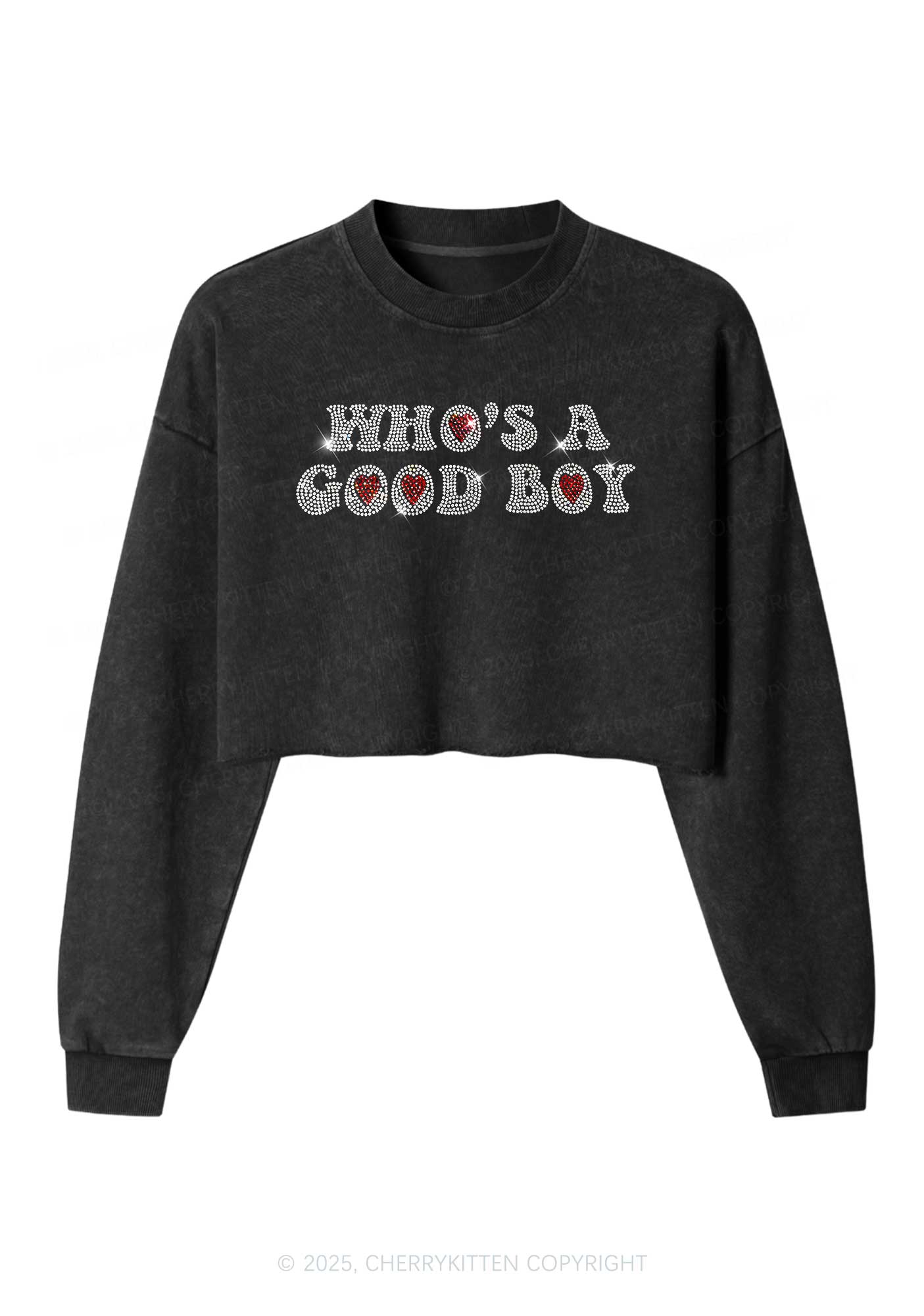 Rhinestone Whos A Good Boy Y2K Crop Washed Sweatshirts Cherrykitten