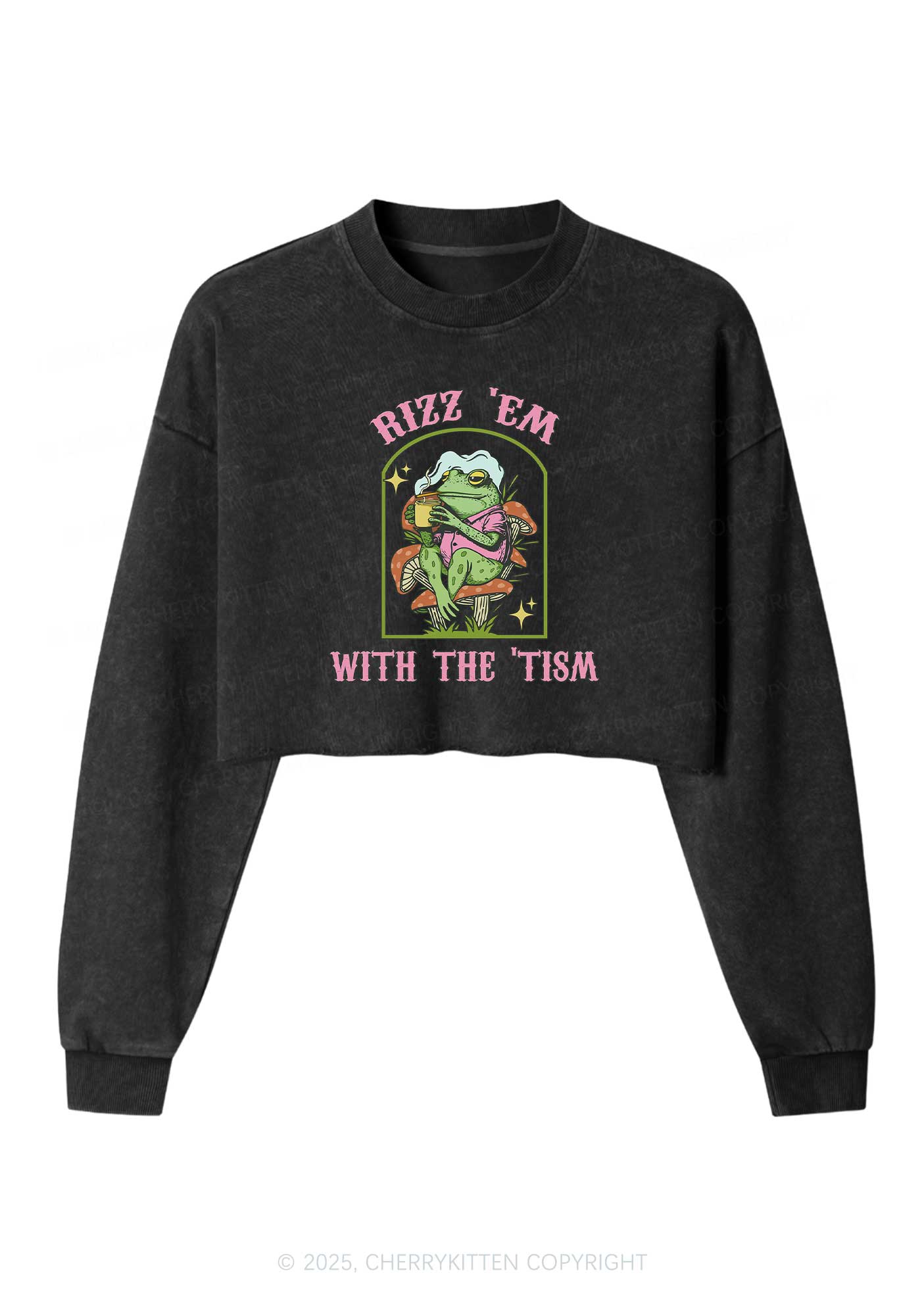 Tism Rizz Frog Y2K Crop Washed Sweatshirts Cherrykitten