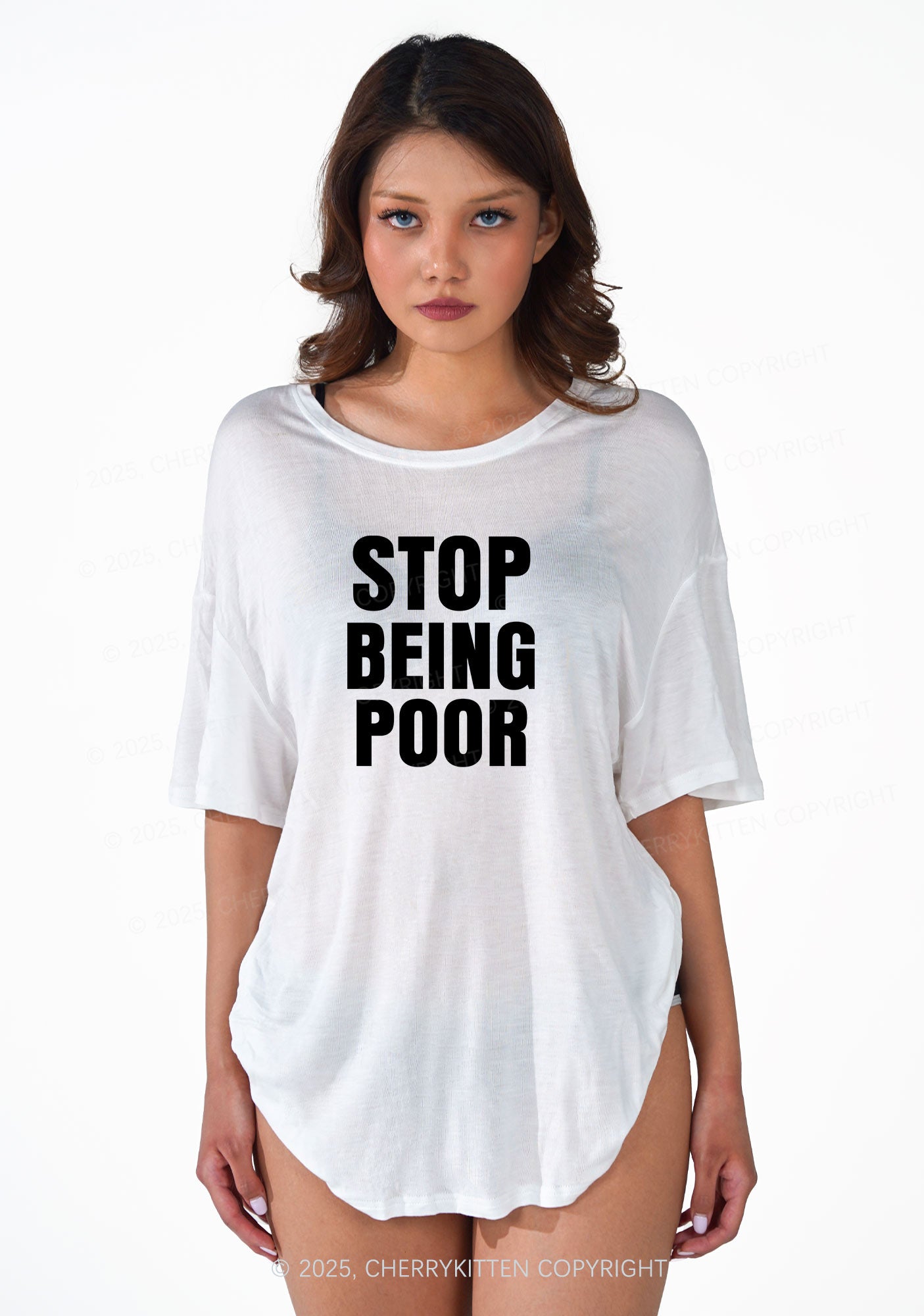 Stop Being Poor Y2K Sheer Boyfriend Tee Cherrykitten